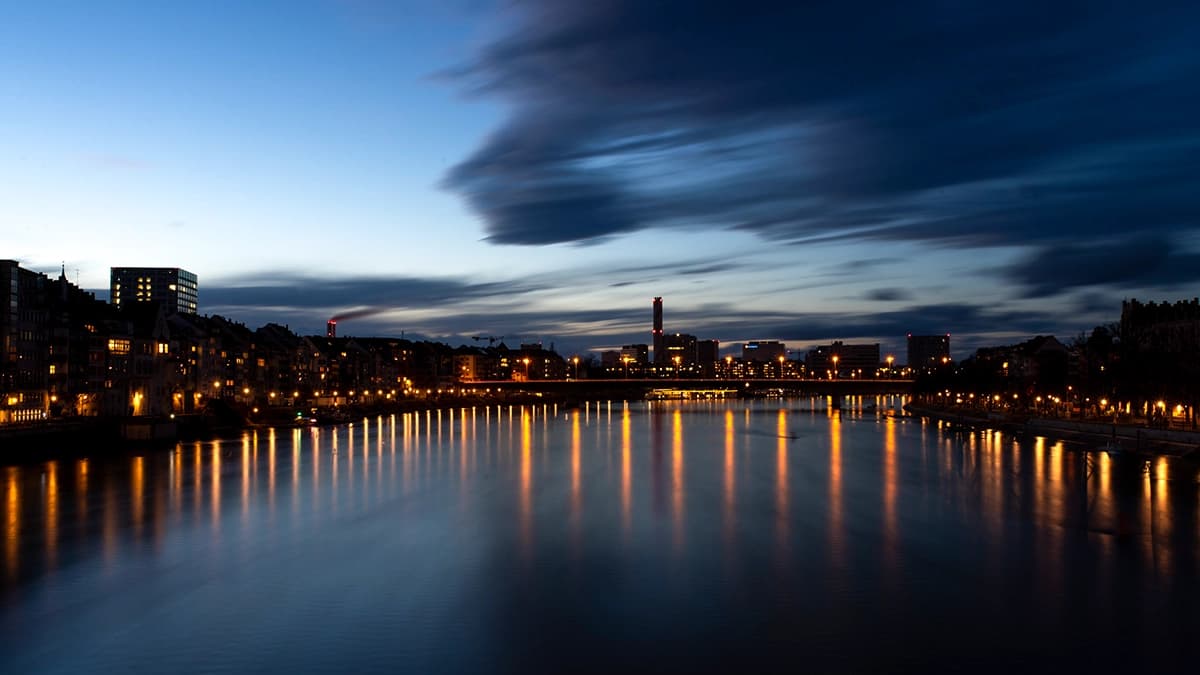 View from the middle bridge in Basel in the evening.