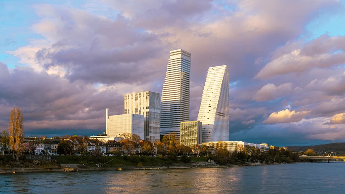 The Roche Towers in Basel in the evening.