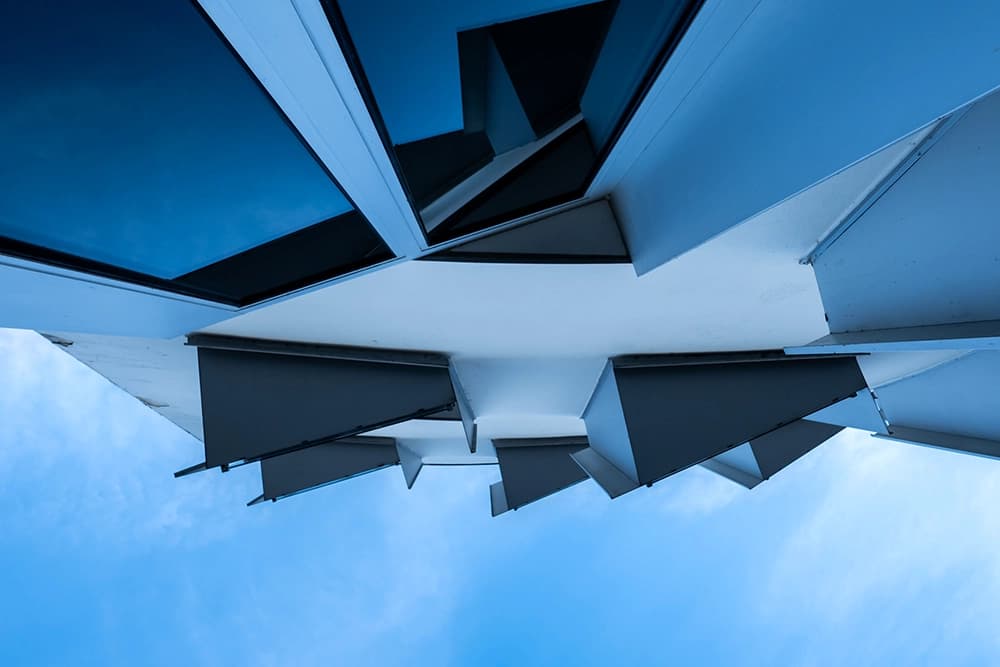 Architectural detail of the stainless steel Gehry building in Düsseldorf's Media Harbor.