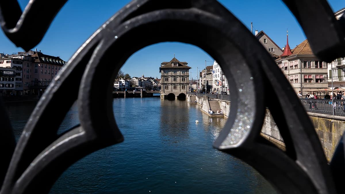 Zurich City Hall photographed through a bridge
