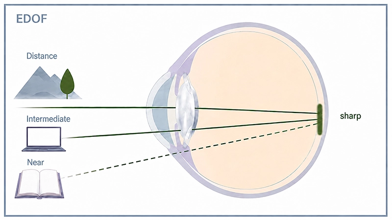 An EDOF lens provides an extended depth of focus, thereby enabling sharp vision at a distance and at intermediate distances.