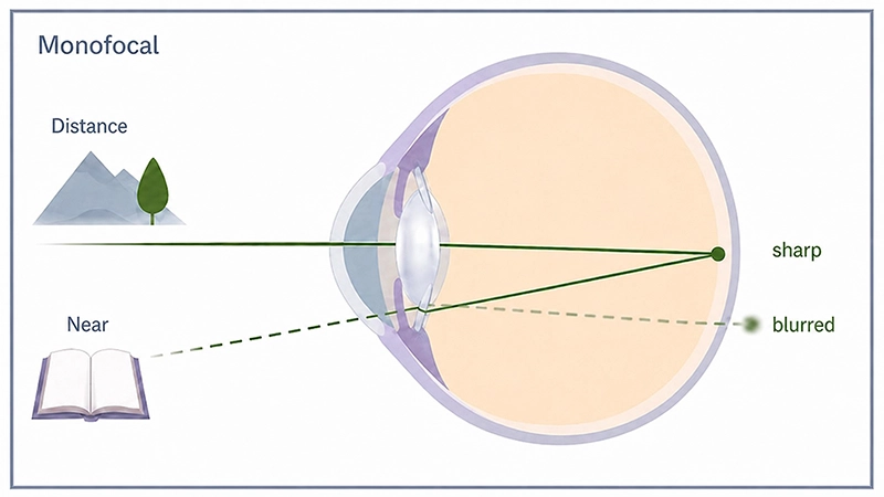 A monofocal lens focuses incoming light onto a single, fixed area of vision, usually for clear distance vision.