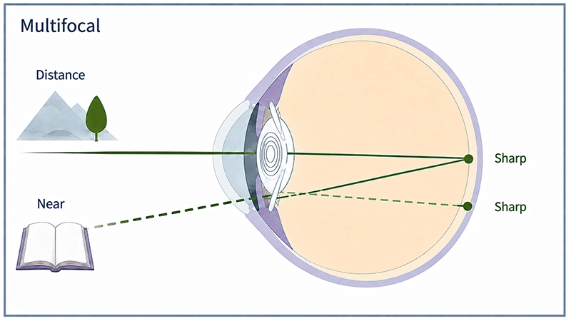 A multifocal lens distributes the incoming light across several focal points, thereby enabling sharp vision at close range, at a distance and at intermediate distances.