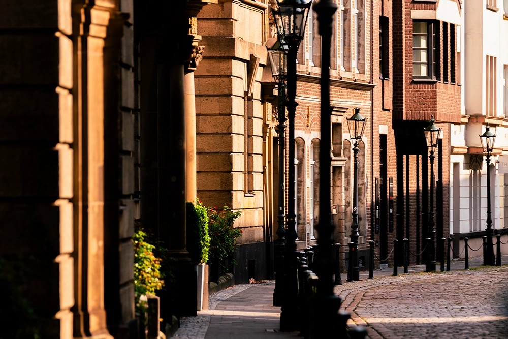 The old town of Düsseldorf in the sunny evening atmosphere.