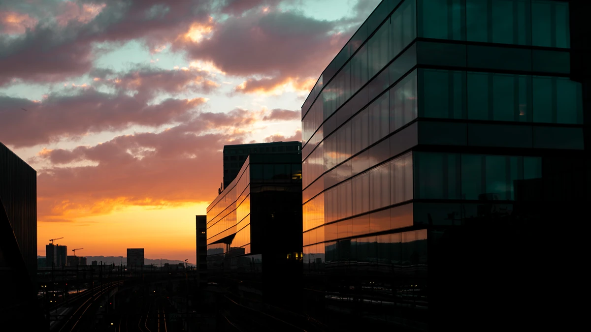 Zurich train station at sunset.